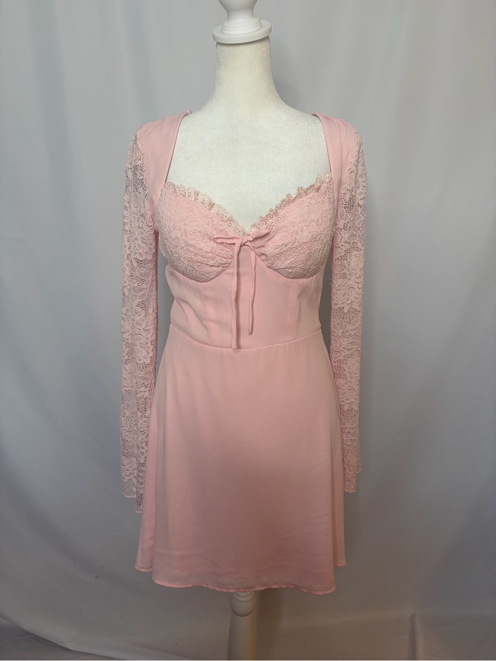 B Darlin Soft Pink Lace-Trim Chemise with Sheer Lace Sleeves